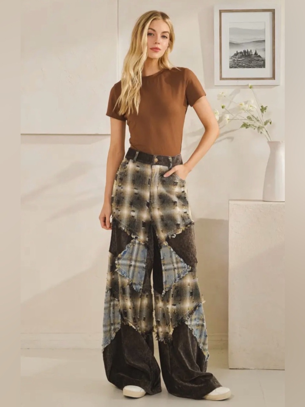 NEW Oli & Hali Washed Plaid Leopard Detail Patchwork Pants - Picture 7 of 10
